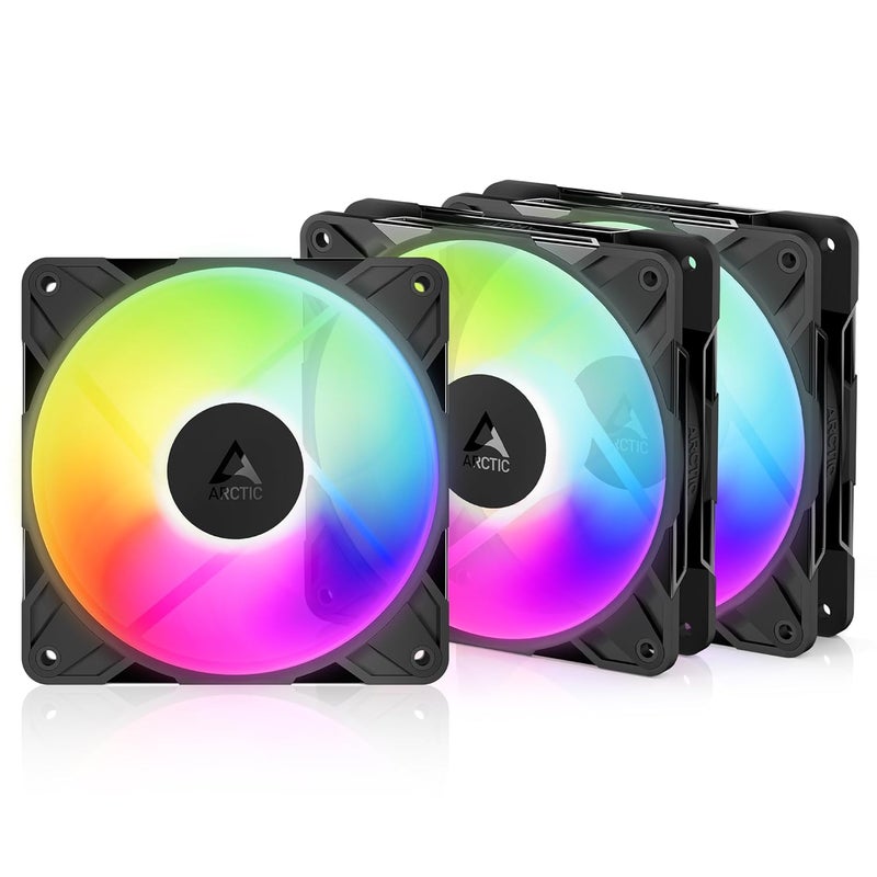 Arctic مروحة P12 Pro عكسية A-RGB – عبوة 3 – مروحة متميزة 120 مم مع تدفق هواء عكسي، مروحة PWM مع موصل Y، 500-3000 RPM، 0 RPM <5% PWM، 5V RGB رقمي، تحمل هيدروديناميكي، 4 دبابيس - أسود - Image 1